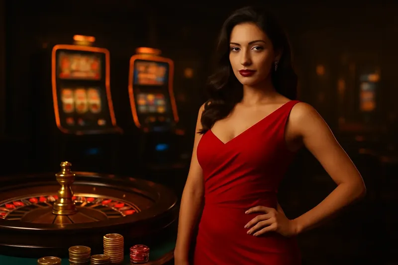 Elegant Casino Banner Beautiful woman in red dress standing near roulette and slot machines in luxury Bangladesh casino with neon accents and gold coins