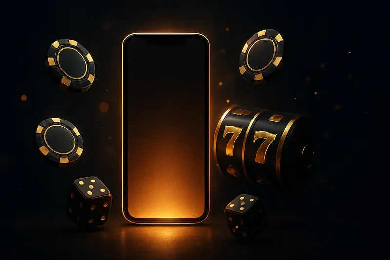 Glowing Smartphone Casino Glowing smartphone surrounded by casino chips, slot reels, and dice on a luxurious dark background